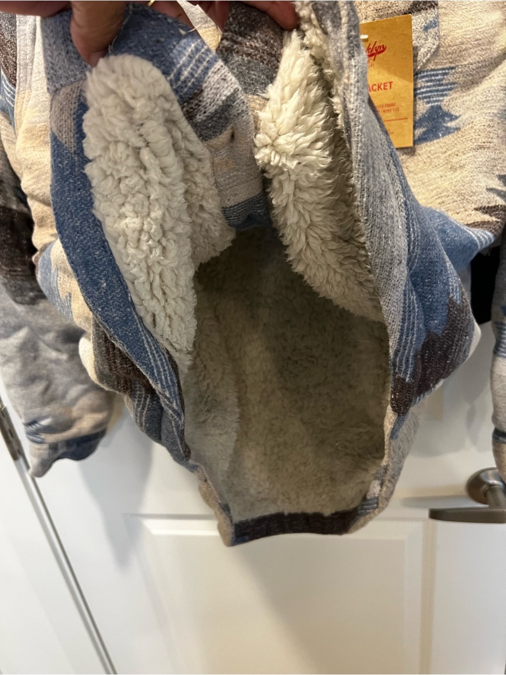 Brooklyn Cloth Aztec Pattern Sherpa-Lined Shacket - Blue, Gray, Brown - Picture 8 of 13